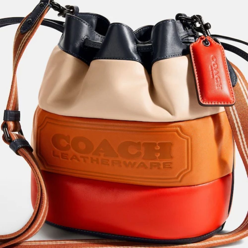 Coach RETAIL Colorblock Pillow Quilted Field Bucket Bag - Orange Cream Tan Navy - Picture 5 of 17